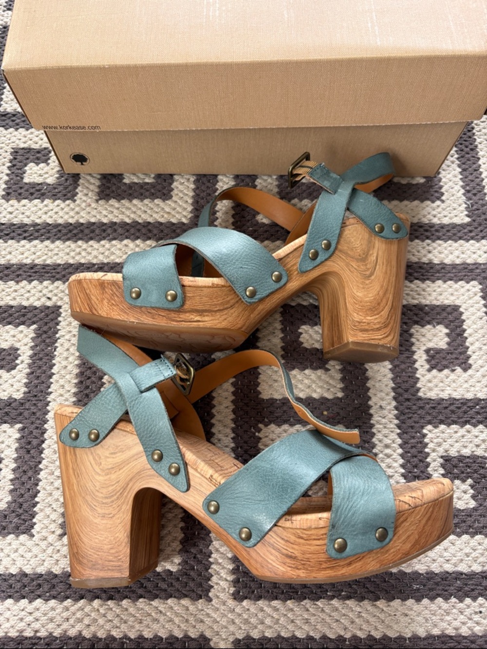 Kork-Ease Drew Teal Leather Cork Cross-Strap Wedge Sandals - Picture 2 of 6
